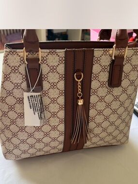 Tassel Accent Brown and Cream Tote Bag for Women